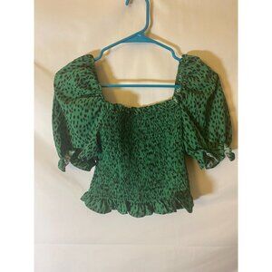 Animal Print large green top Cottagecore Boho puffy sleeves Crop Coquette Twee